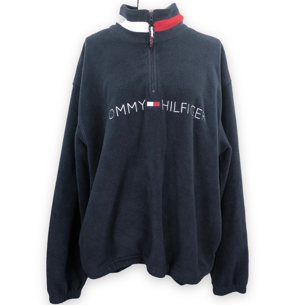 Tommy Spellout Y2K 90s Unisex Pullover Dark Blue Zip Fleece Sweater Embroider…